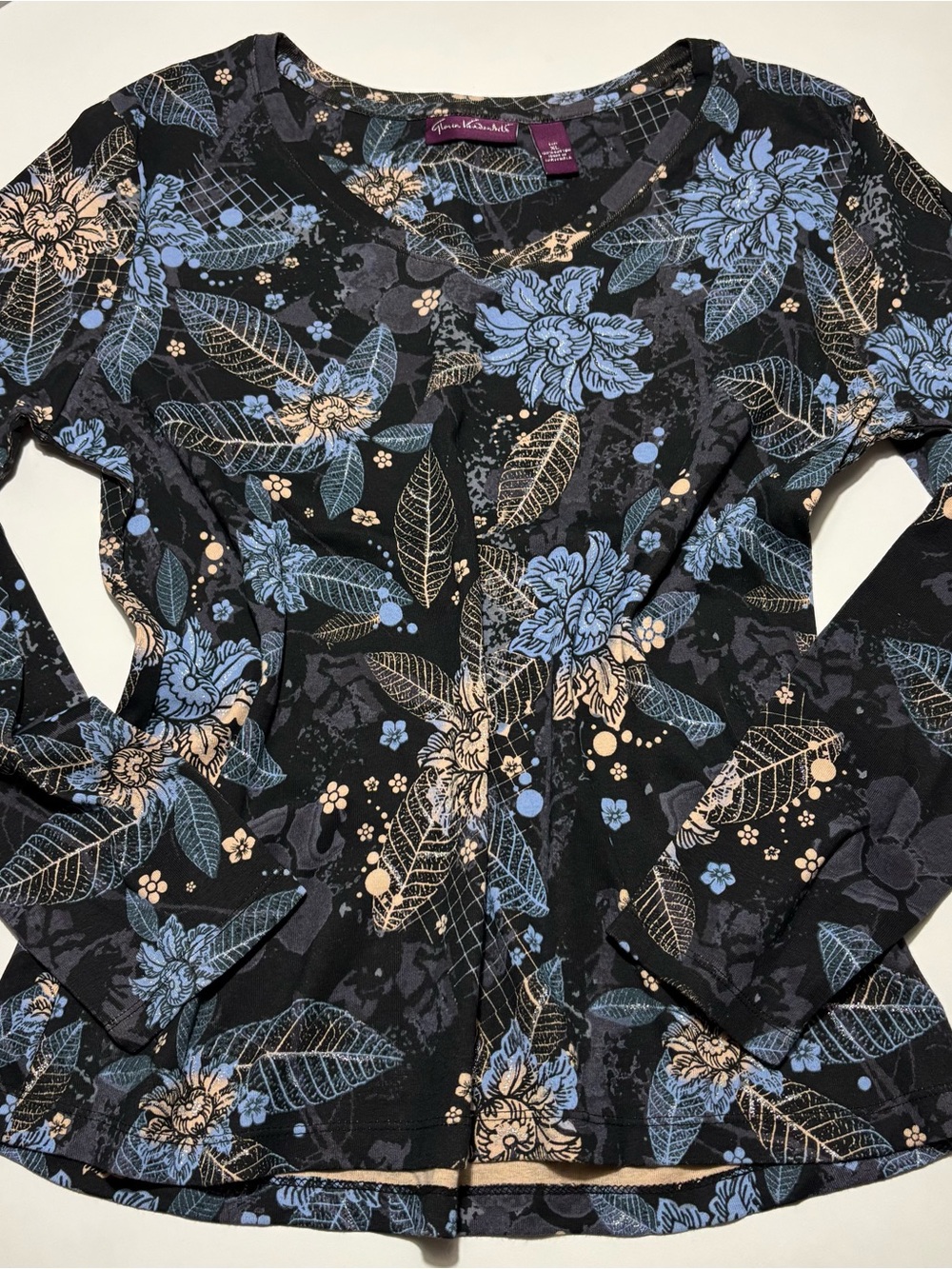 Gloria Vanderbilt Black & Blue Whimsy Goth Fairy Cotton Long Sleeve Top
